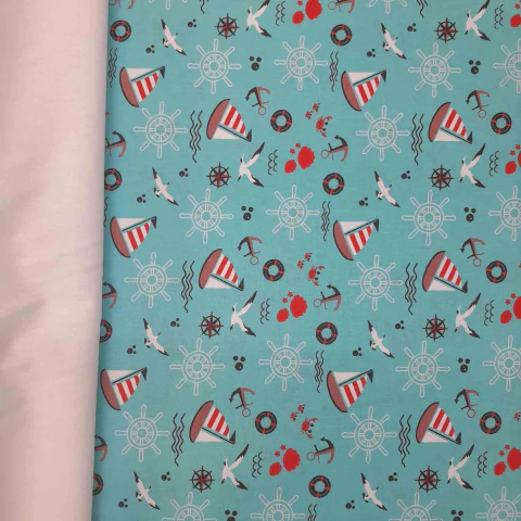 Tricoline Âncoras e Barcos fundo Verde Água