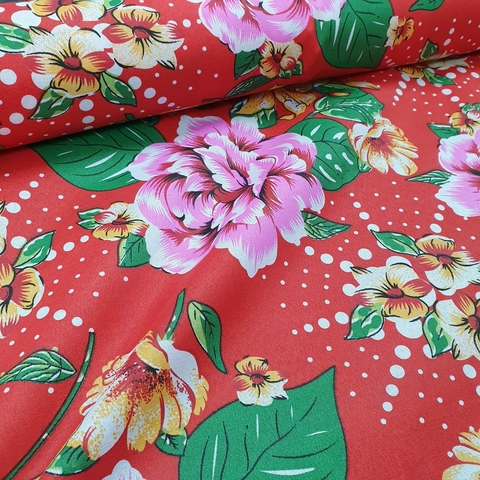 Tecido Chitão Floral Rosa e Laranja fundo Vermelho - 100% Poliéster