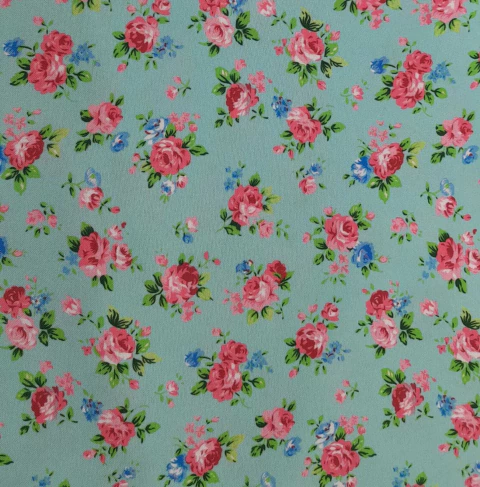 Oxfordine Digital Floral Rosa fundo Azul - 100% Poliéster