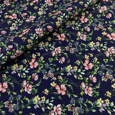Tricoline Digital Flores Rosa e Ramos fundo Azul Marinho