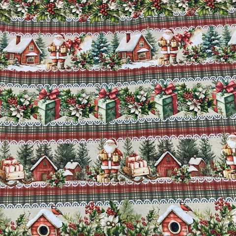 Tricoline Digital Barrado Feliz Natal Flores e Papai Noel fundo Xadrez