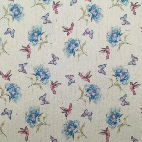 Tecido Cotton Linho Digital Flor Azul Beija Flor e Borboletas (80% Algodão 20% Linho)