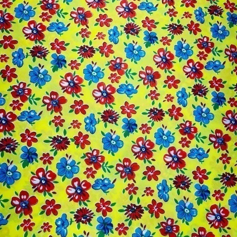Tecido Chitão Floral Vermelho e Azul fundo Amarelo - 100% Poliéster