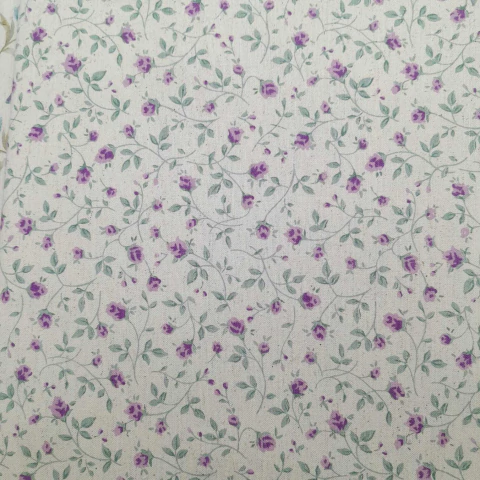 Tecido Cotton Linho Flor Lilás e Ramos Verde (80% Algodão 20% Linho)