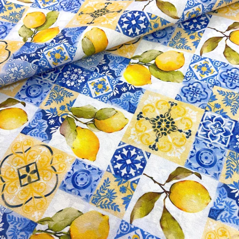 Tricoline Limão Siciliano fundo Arabescos Azul e Amarelo