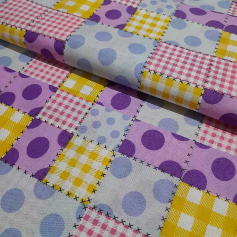 Tecido Chitão Patchwork Azul Amarelo Rosa e Roxo - 100% Poliéster