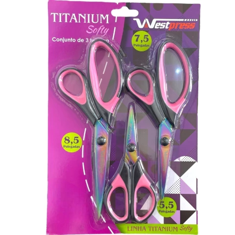 Kit Tesouras Titanium Softy Rosa Preto com 3 unid. (8,5"- 7,5"- 5,5" polegadas)