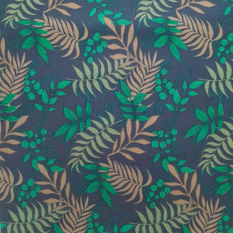 Tricoline Folhagens em tons de verde fundo grafite