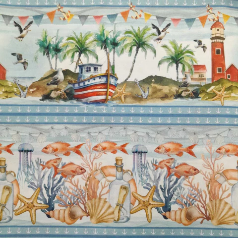 Tricoline Barrado Mar e Praia fundo Azul - Coleção Bolt