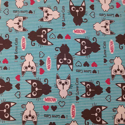 Tricoline Gatos Meow fundo Listras Azuis