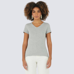 Blusa Básica Feminina Decote V Em Algodão Cinza