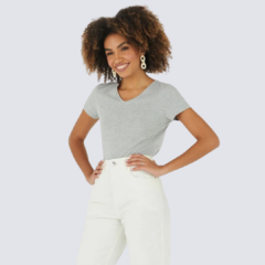 Blusa Básica Feminina Decote V Em Algodão Cinza - comprar online