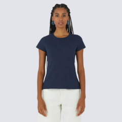 Blusa Básica Feminina Decote Redondo Em Algodão Azul Marinho