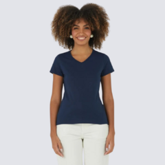 Blusa Básica Feminina Decote V Em Algodão Azul Marinho