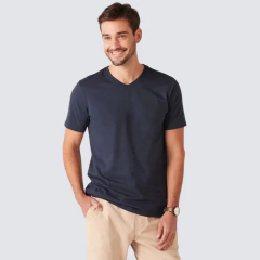 Camiseta Básica Masculina Decote V Em Algodão Azul Marinho