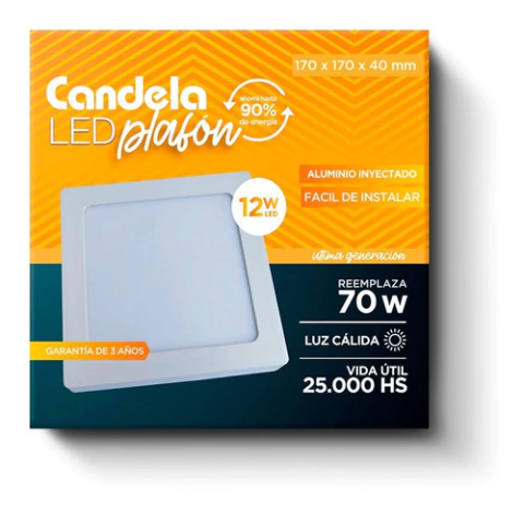Plafón Led Candela Cuadrado Con Base 12w Reemplaza 70w