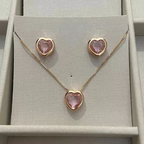 Conjunto Angel Coração Dourado Rosa com Zircônia