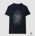 Camiseta azul marinho com estampa digital de uma tartaruga formada por linhas que lembram uma impressão digital, feita em algodão premium peruano