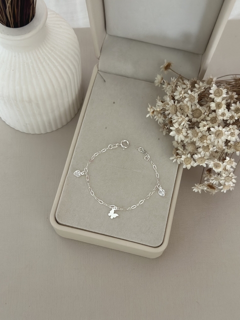Pulseira Infantil Borboleta com Corações em Zircônia Cristal
