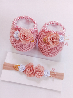 Kit sapatinho tricô + faixinha flores - rosé - comprar online