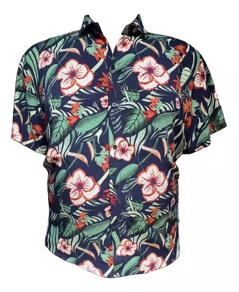 Camisa azul flor marrón/hojas verdes