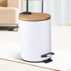 CESTO DE ACERO CON TAPA DE BAMBU 5 L BLANCO - tienda online