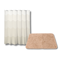 KIT ALFOMBRA BAÑO ARENA Y CORTINA BEIGE - comprar online