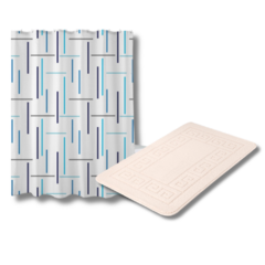 KIT ALFOMBRA BAÑO MARFIL Y CORTINA AZUL - comprar online