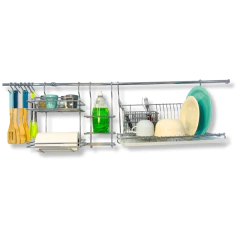 BARRAL 150 CM, SECAPLATOS, CUBIERTERO, PORTA ROLLO Y SET LIMPIEZA CROMADO