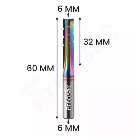 Fresa de metal com 3 cortes retos, 6 mm de diâmetro, 32 mm de comprimento útil e 60 mm de comprimento total, com acabamento colorido e marca Precisa