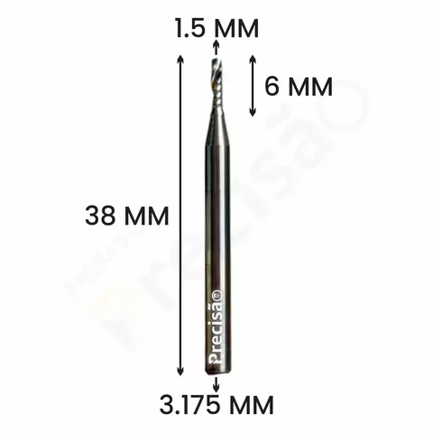 Fresa helicoidal UpCut com 1 corte, 1.5mm de diâmetro, 6mm de comprimento de corte, comprimento total de 38mm e haste de 3.175mm
