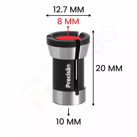Pinça para tupia de coluna com dimensões detalhadas em milímetros, apresentando 20 mm de altura, 12,7 mm de largura superior, 10 mm de largura inferior e 8 mm de abertura interna