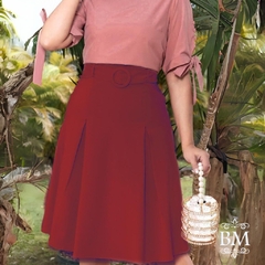 Saia Evasê, Marsala, Crepe Microfibra, Pregas, Forro, Cinto, Invait BM1067M
