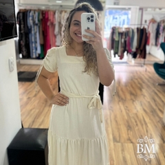 Vestido Longo, Cru, Brim, Decote Quadrado, Manga Princesa, Elástico Cintura, Cinto, Forro, Fagian BM1237C