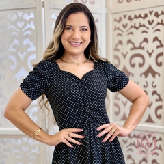 Vestido Longo, Crepe, Poá, Drapeado Busto e Manga, Lastéx Costa, Forro, Babado, Collucci BM1267P - loja online