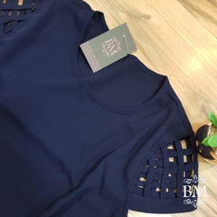 Blusa em Crepe de Seda, Recorte no Ombro, Azul Marinho, by Bella Molina BM0575 - comprar online