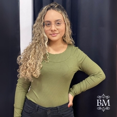 Blusa Decote Redondo, Verde Militar, Malha Canelada, Manga Longa, Mirasul BM0958