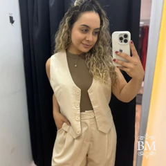 Conjunto Areia, Calça e Colete, Linho, Forro, Botões Forrados, Bolsos BM1223A