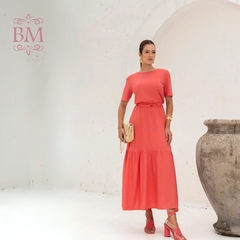 Imagem do Vestido Midi, Viscolinho, Coral, Forrado, Babado Barra, Elástico Cintura, Cinto Tecido, Miss Moda BM1261C