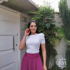 Blusa, Branca, Malha Canelada, Manga Curta Bufante, Decote Redondo, Collucci BM1179B - comprar online