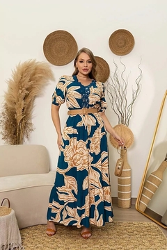Vestido Longo, Viscose, Estampa Azul, Aplique Guipier, Cinto, Forro, Kauly BM1249 - comprar online