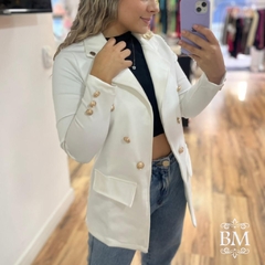 Blazer Alongado, Branco, Ponto Roma com Elastano, Lapela, Revél e Gola Dupla, Botão Brasão, Enncante BM1109B