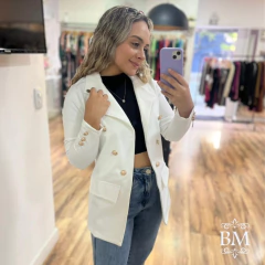 Blazer Alongado, Branco, Ponto Roma com Elastano, Lapela, Revél e Gola Dupla, Botão Brasão, Enncante BM1109B - comprar online