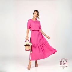 Vestido Viscolinho, Rosa, Decote Canoa, Manga 3/4, Babado Saia, Elástico Cintura, Cinto, Forro, Miss Moda BM1140 - comprar online