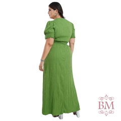 Vestido Longo, Plus, Poliviscose Plissada, Verde, Manga Bufante Elástico, Decote V, Cinto, Forro, Dona Charme BM1234V - BellaMolina Modas