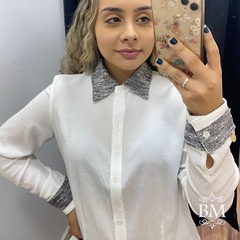 Camisa, Manga Longa, Branca, Crepe Anarruga, Detalhe Tweed Gola Punho, Kauly BM0983
