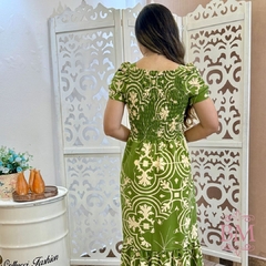 Vestido Longo, Crepe, Estampa Verde, Drapeado Busto e Manga, Lastéx Costa, Forro, Babado, Collucci BM1267V - BellaMolina Modas