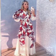Vestido Longo, Branco Estampado, Crepe Malha, Manga Longa Tule, Forro, Lara Valentina BM1143 - comprar online