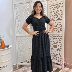 Imagem do Vestido Longo, Crepe, Poá, Drapeado Busto e Manga, Lastéx Costa, Forro, Babado, Collucci BM1267P