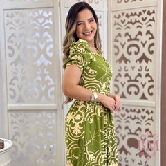Vestido Longo, Crepe, Estampa Verde, Drapeado Busto e Manga, Lastéx Costa, Forro, Babado, Collucci BM1267V - BellaMolina Modas